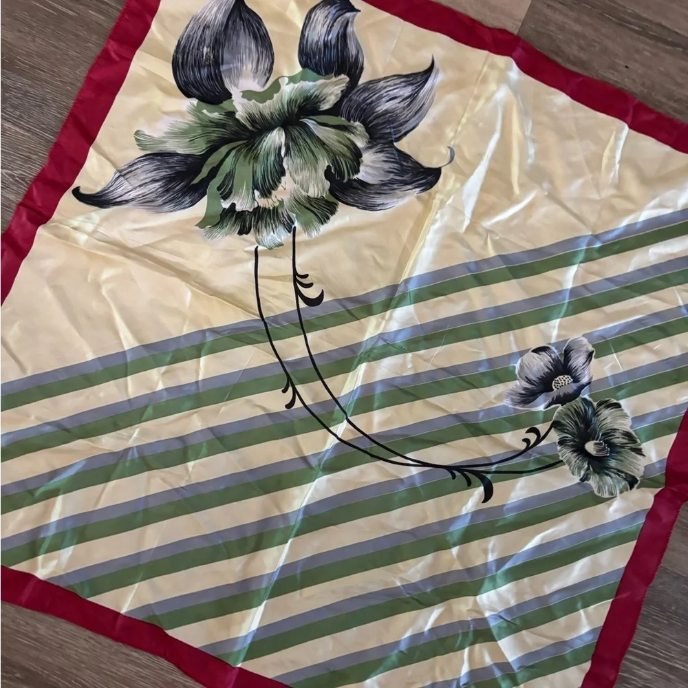 Vintage Floral Silky Square Scarf in Green, Cream & Red Trim